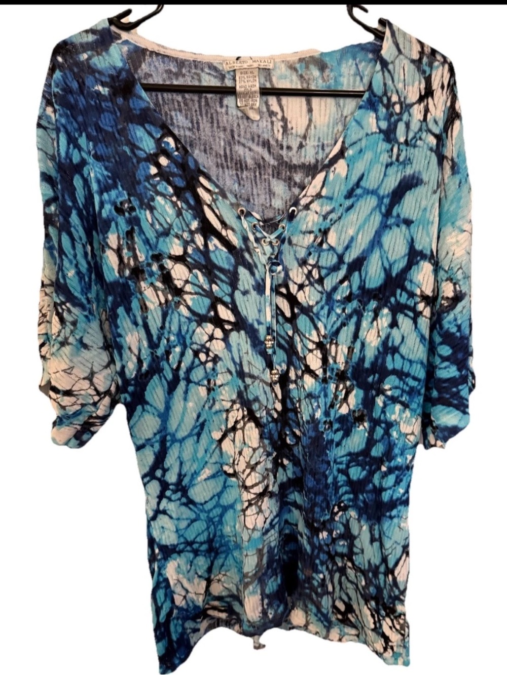 Alberto Makali Light Blouse Tunic Short Sleeve XL Tie-Dye Ikat Blue B&W EXC
